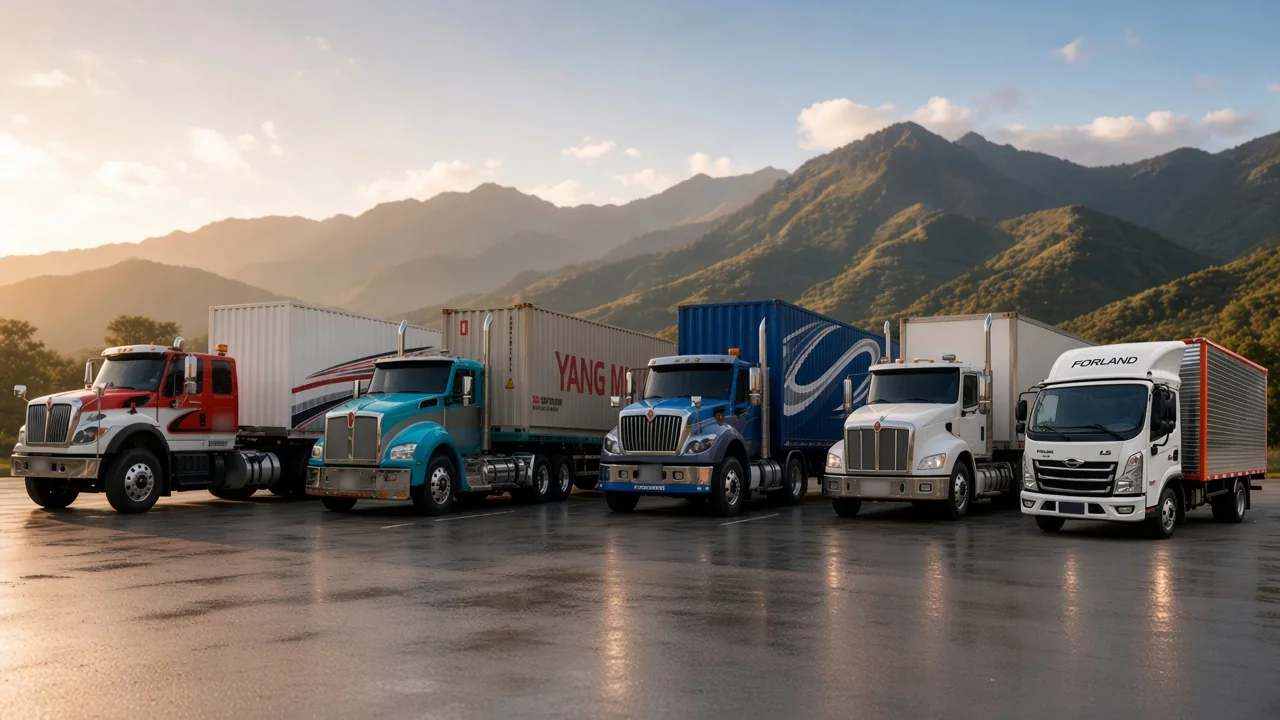Flota completa de Transportes J&L: minimulas, tractomulas con contenedor, tractomula encarrozada y turbo estacionados juntos frente a las montañas
