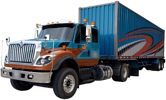 Tractomula International azul y naranja con contenedor frente a una bodega