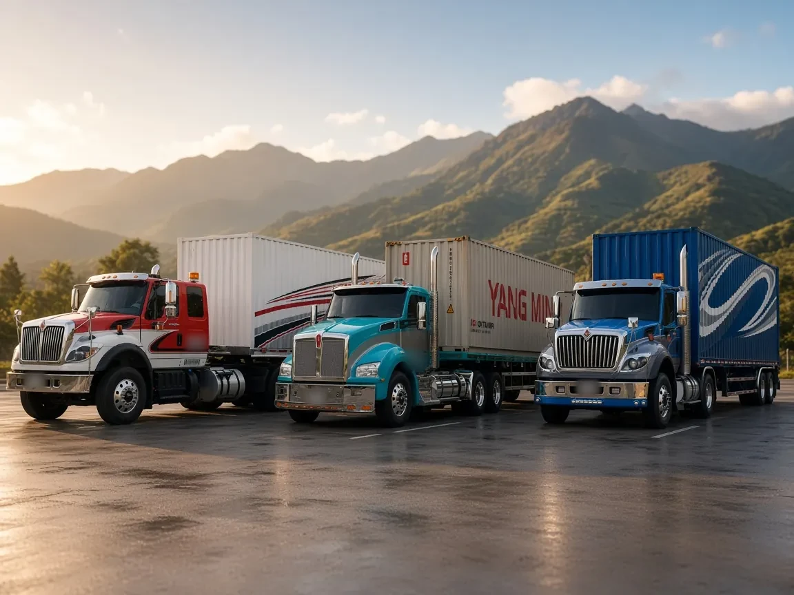 Flota de Transportes J&L SAS estacionada con las montañas de Colombia al fondo